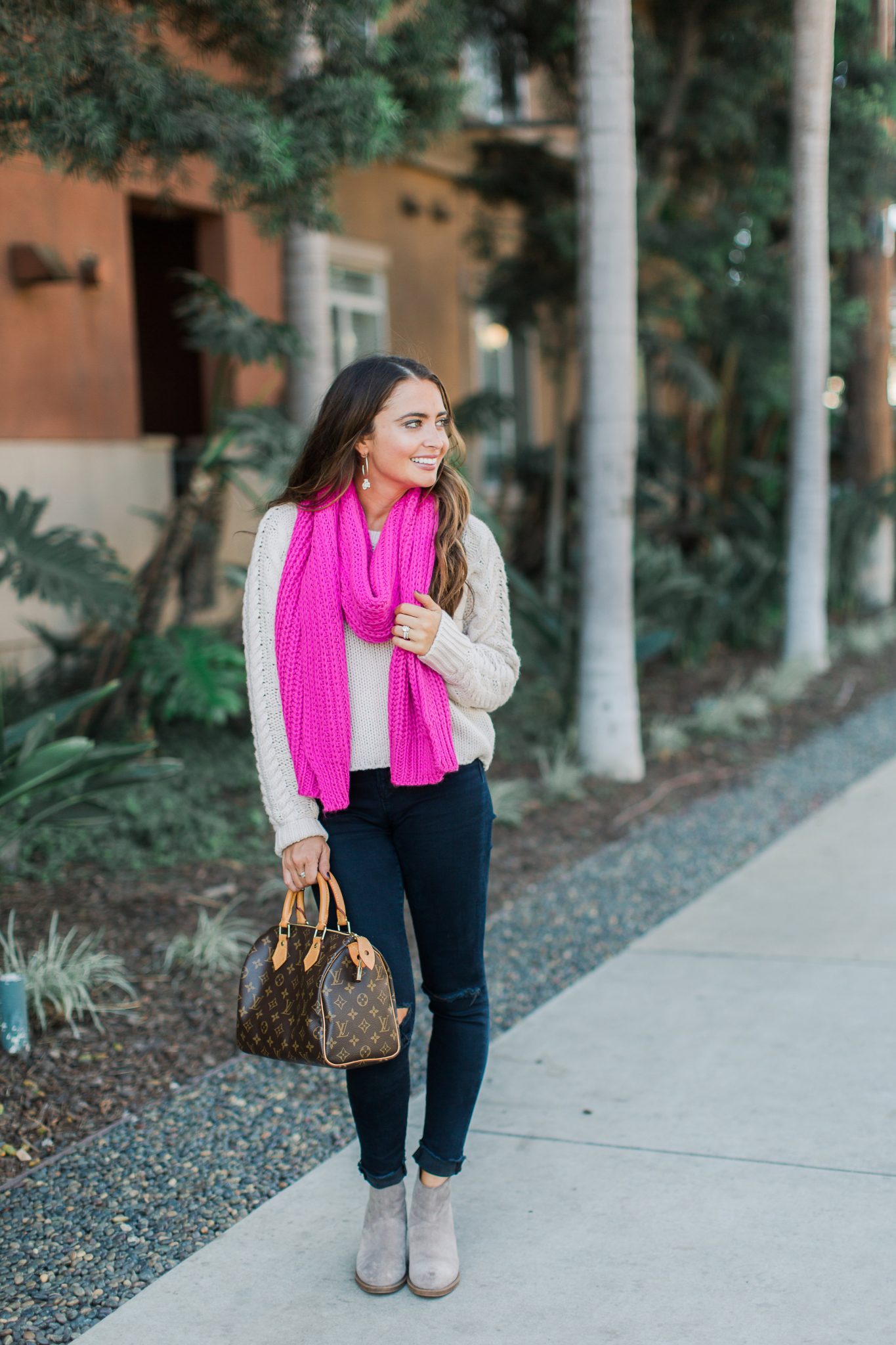 Hot Pink Scarf, Tan Sweater, Louis Vuitton - ASOS Sale top picks featured by popular Orange County fashion blogger, Maxie Elle
