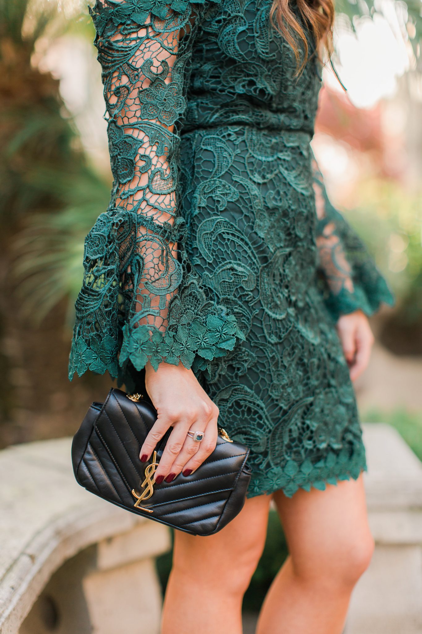 Maxie Elle | Lace emerald off the shoulder dress and YSL bag - The Best NYE Dresses by popular Orange County style blogger Maxie Elle