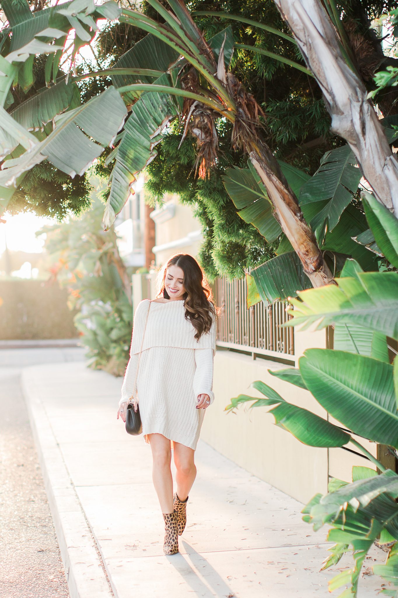 Sweater Dress with Leopard Booties - Holiday Cream Sweater Dress with The Mint Julep Boutique by popular Orange County fashion blogger Maxie Elle
